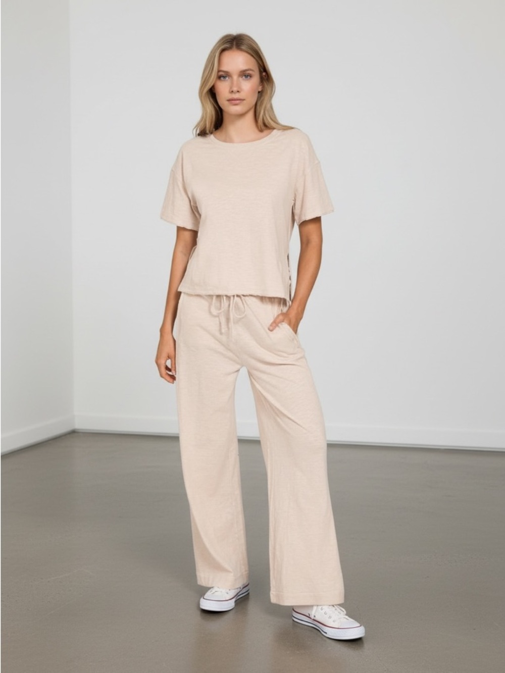 1244 • Ecru 100% Cotton Slub Knit Drawstring Wide Leg Pants Side Split Top Set